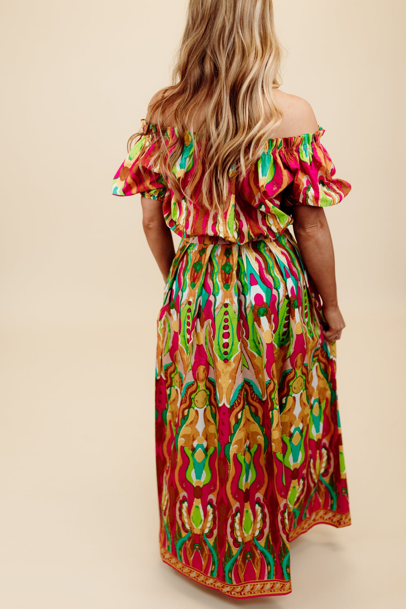 Fuchsia Mix Print Off Shoulder Top & Skirt Set