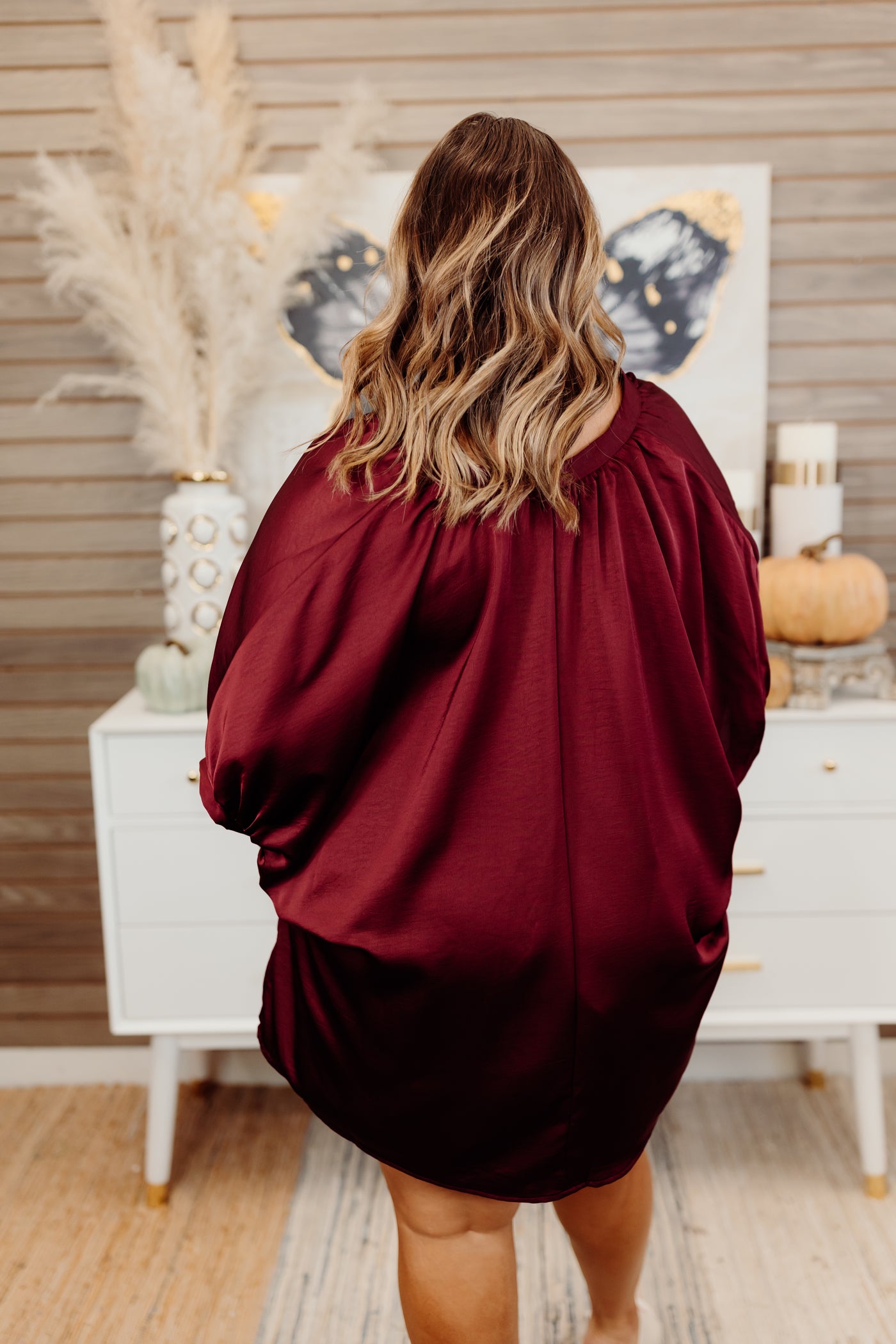 Burgundy Notch Neck Oversized Satin Blouse