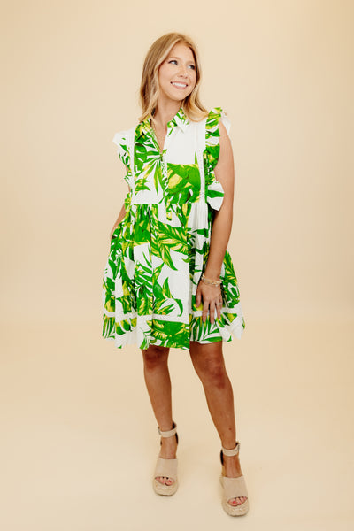 Karlie Green Palm Leaf Tier Dress