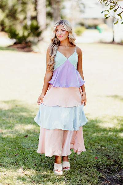 Multi Pastel Colorblock Tiered Maxi Dress