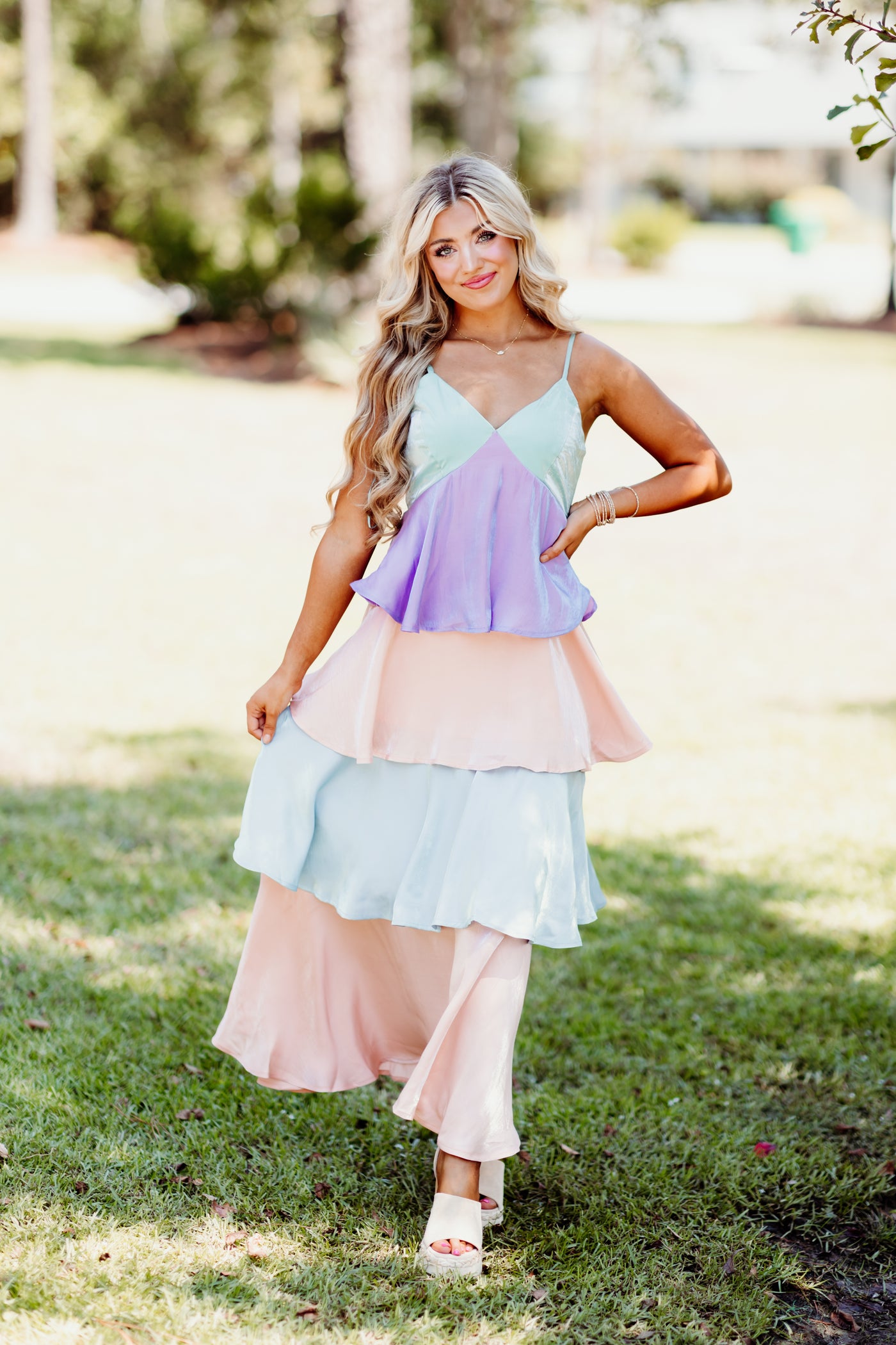 Multi Pastel Colorblock Tiered Maxi Dress