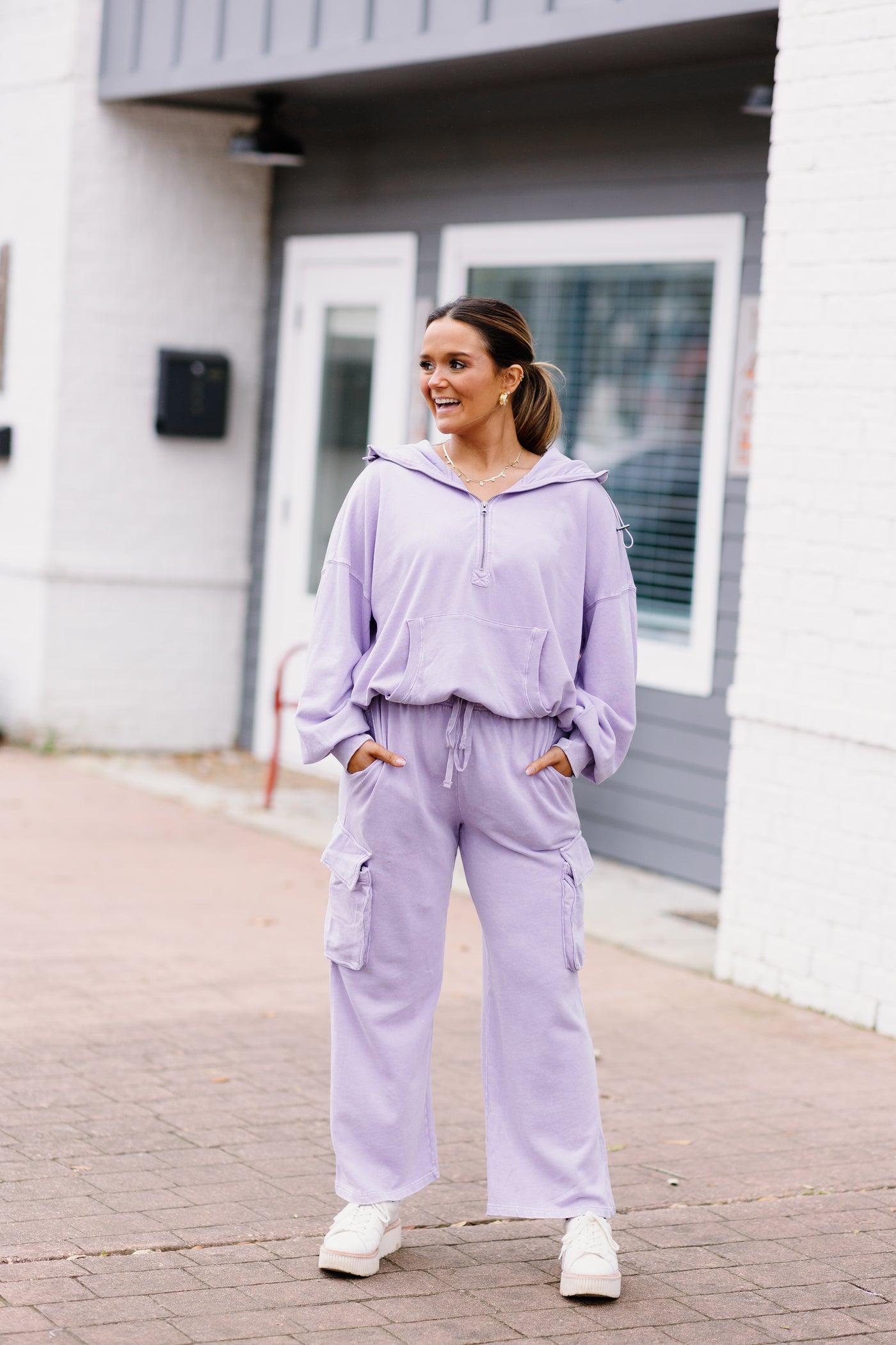 Lilac Mineral Washed 1/4 Zip and Cargo Pant Set