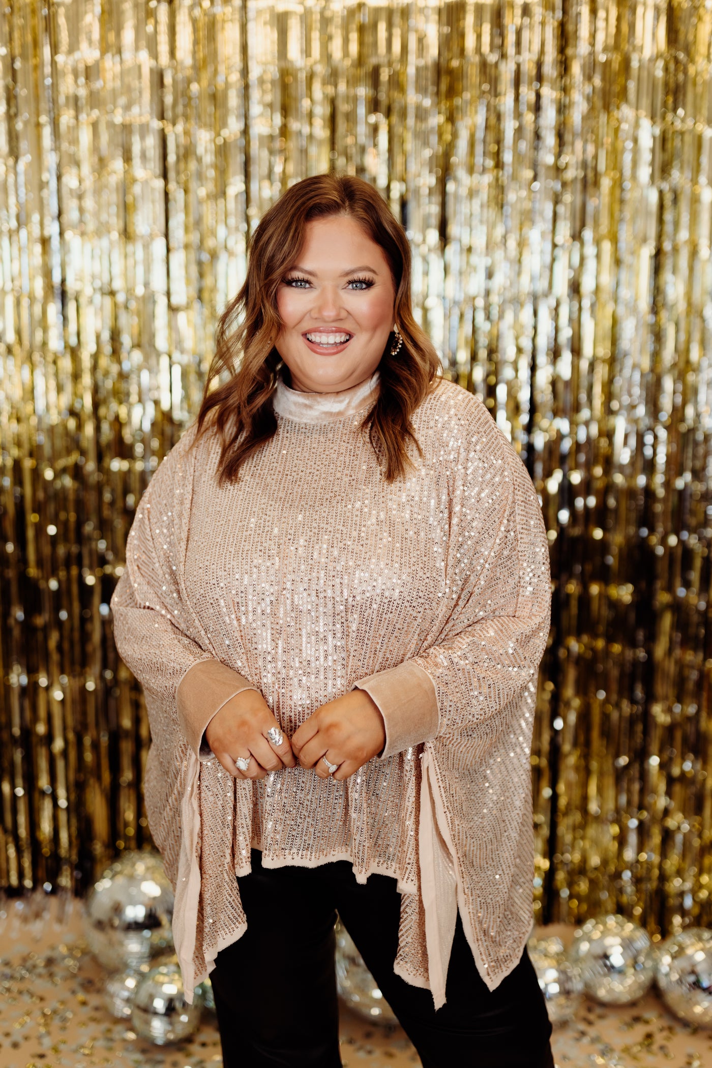 Beige Sequin Velvet Lined Poncho Top