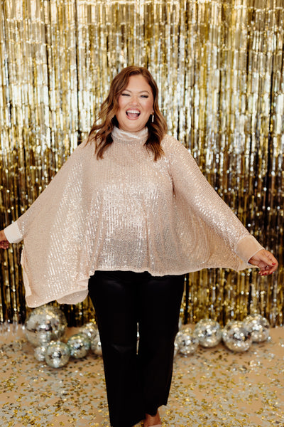 Beige Sequin Velvet Lined Poncho Top