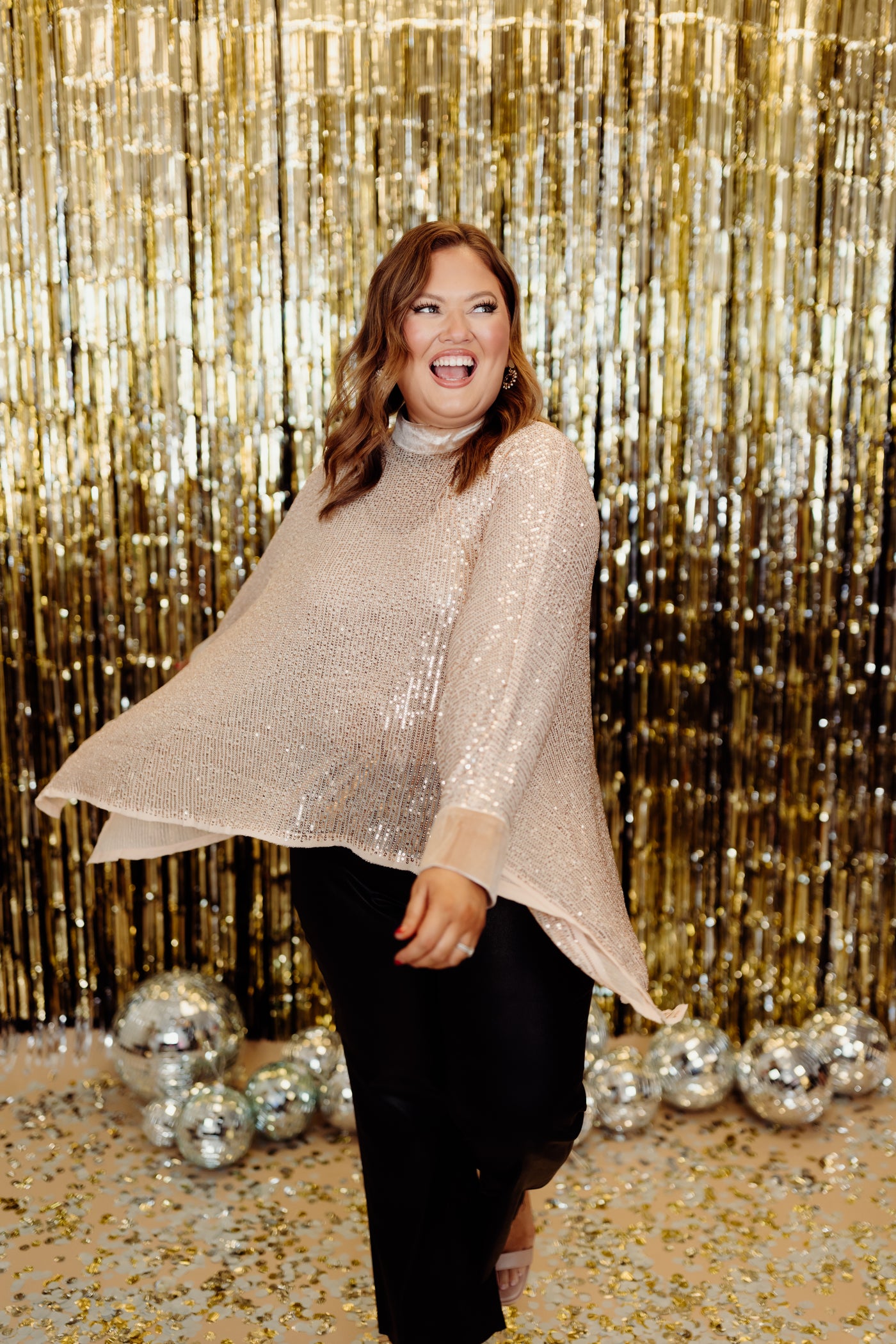 Beige Sequin Velvet Lined Poncho Top