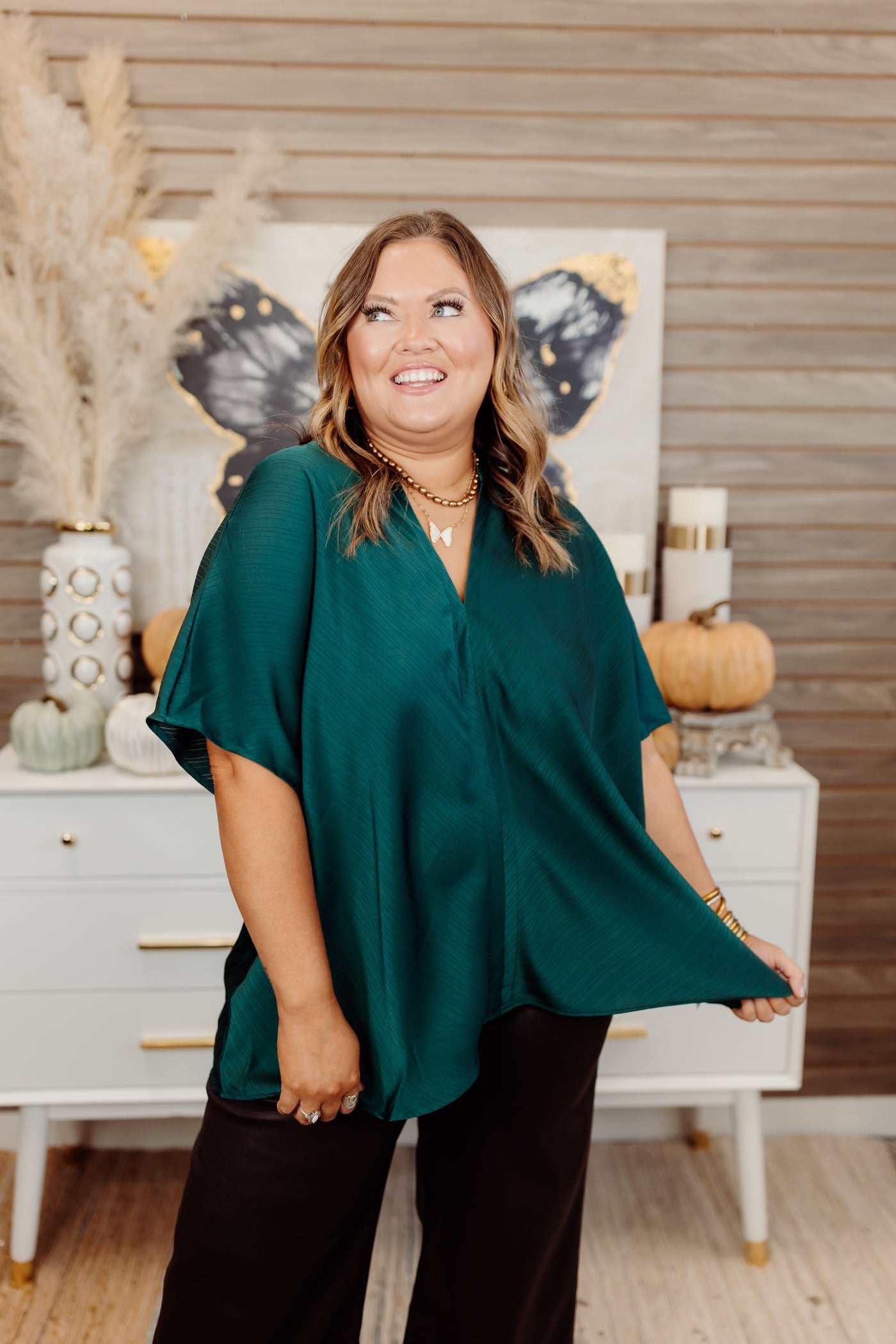 Hunter Green Notch Neck Textured Oversized Blouse