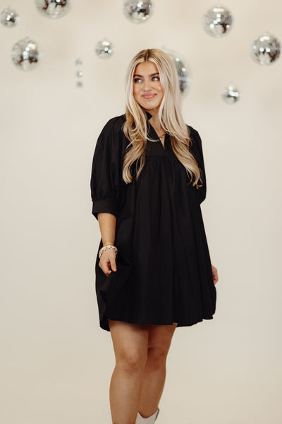 Black V-Neck Half Sleeve Mini Dress