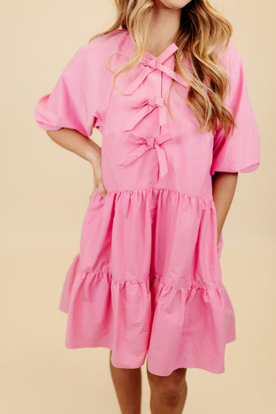 Karlie Bubble Gum Solid Bow Poplin Dress