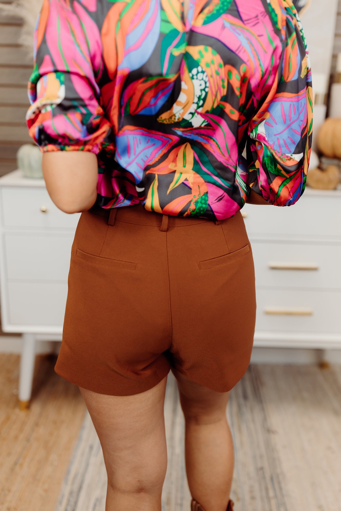 Brown High Waisted Embroidered Shorts