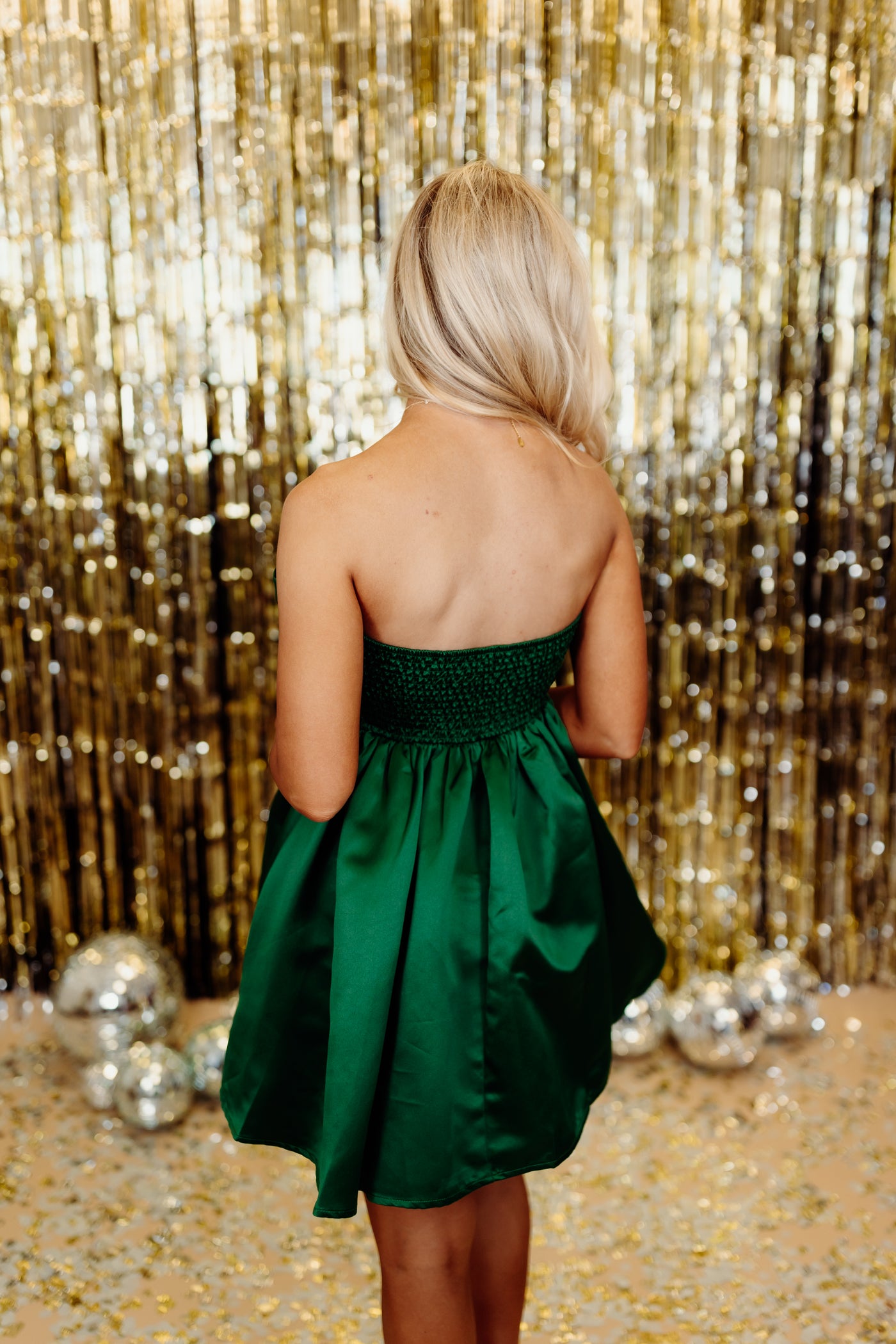 Emerald Green Satin Bow Detail Strapless Dress