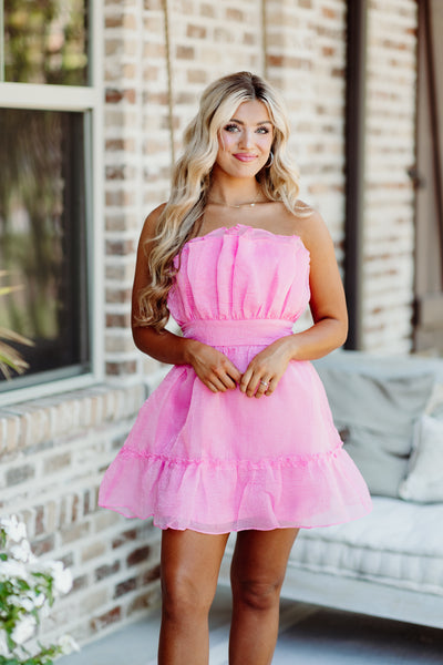 Peony Pink Strapless Ruffle Dress
