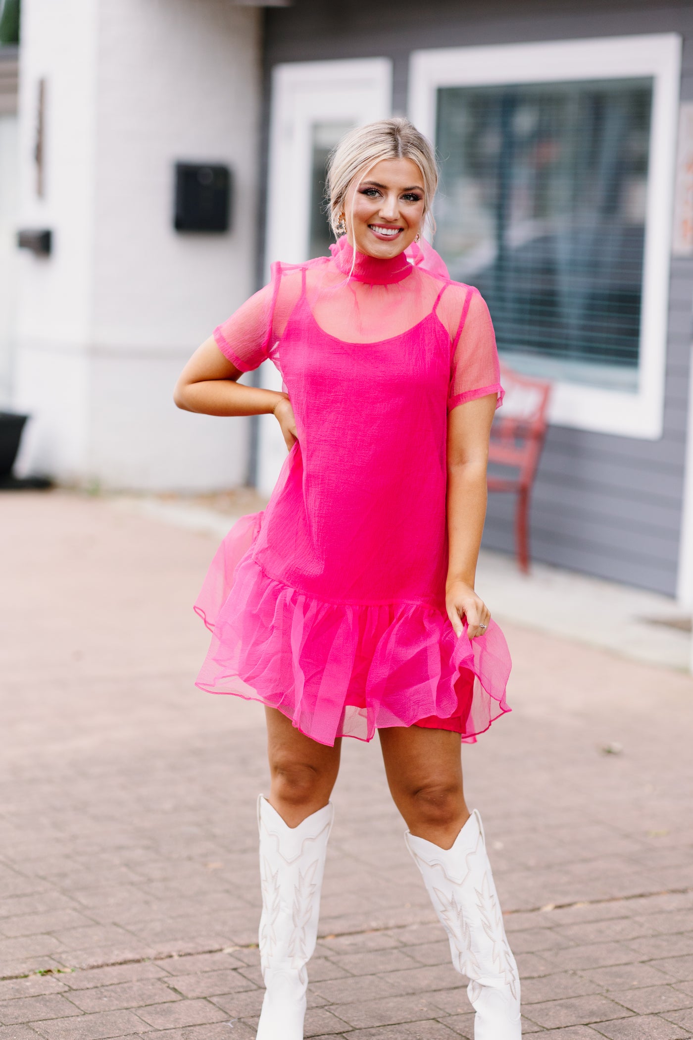 Karlie Pink Solid Organza Mock Neck Bow Dress