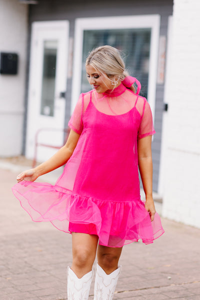 Karlie Pink Solid Organza Mock Neck Bow Dress