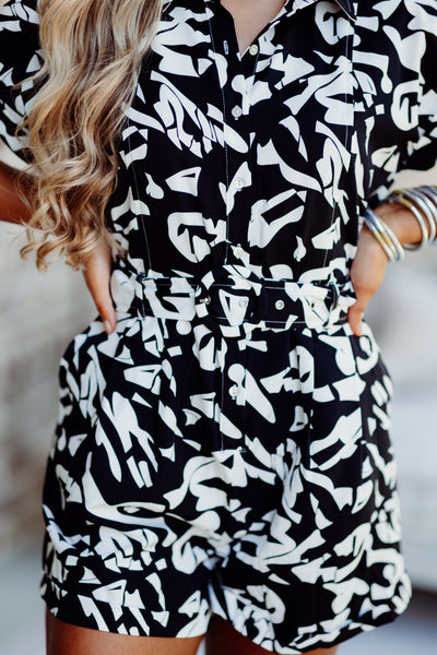 Black Abstract Collared Belted Romper