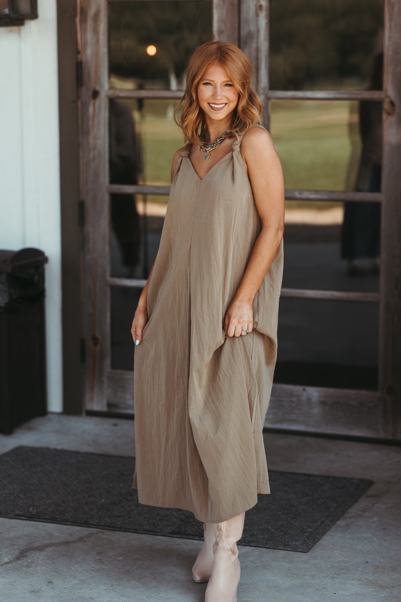 Khaki Loose Fit Knot Strap Midi Dress