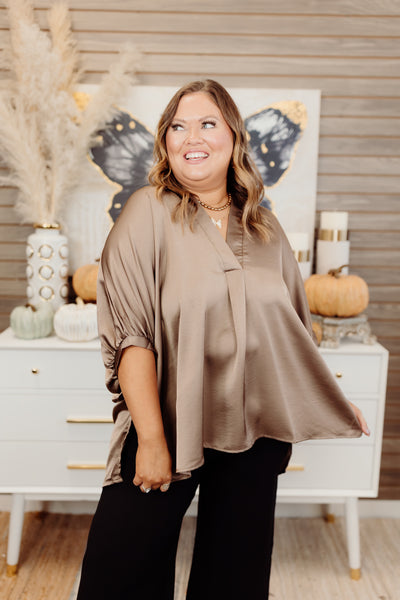 Mocha Notch Neck Oversized Satin Blouse