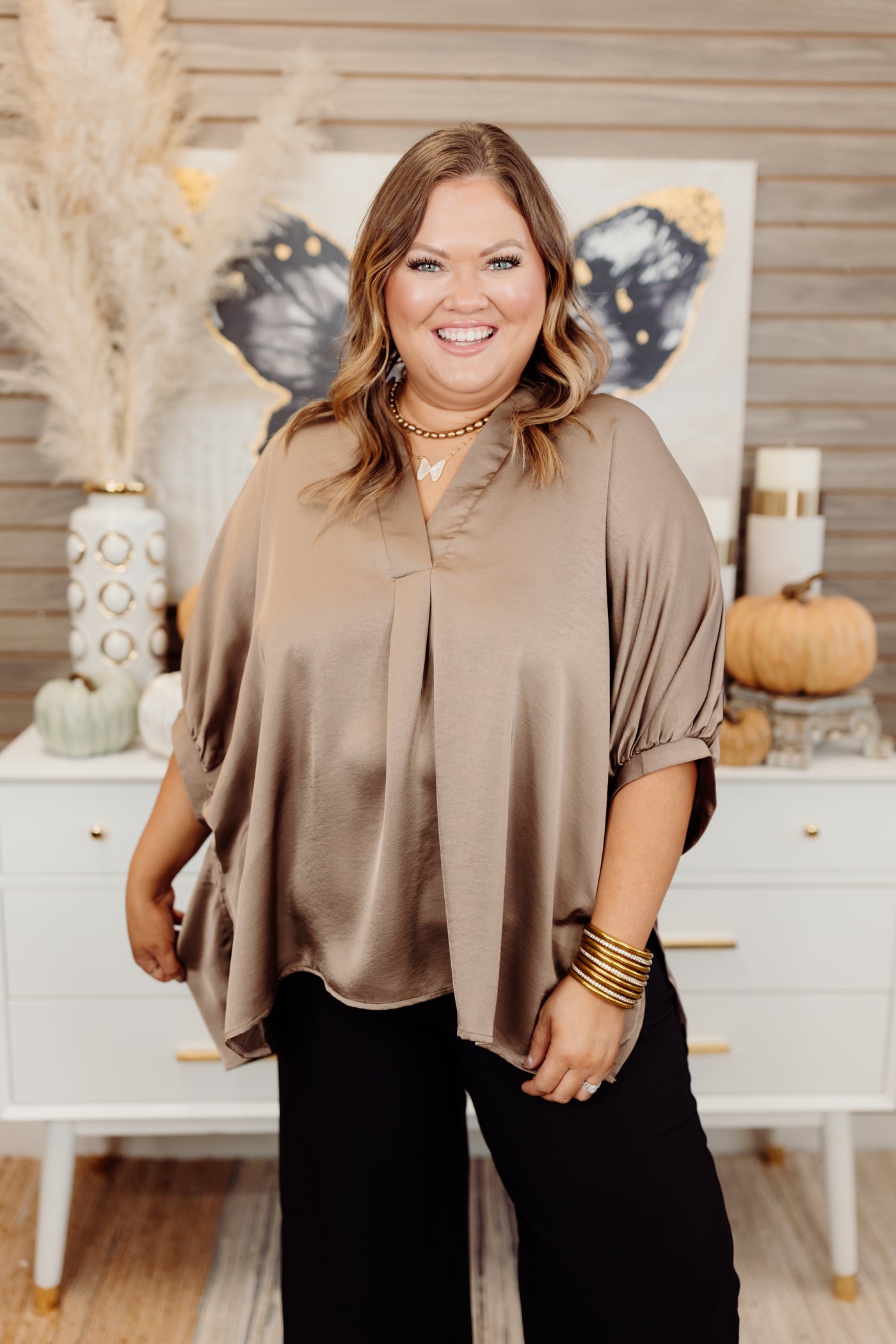 Mocha Notch Neck Oversized Satin Blouse