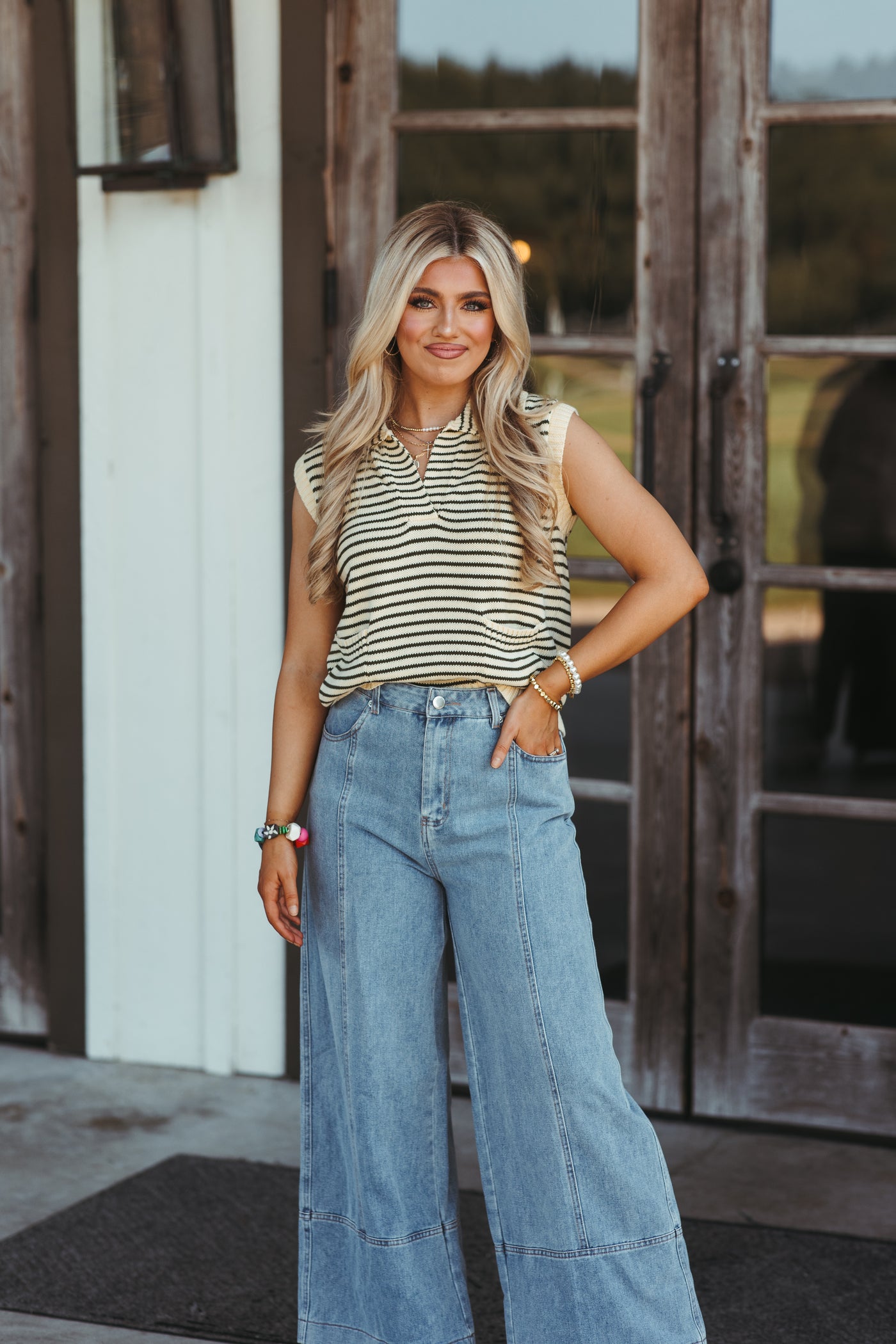 Olive Striped Sleeveless Knit Sweater Top