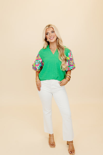 Kelly Green Embroidered Puff Sleeve Textured Top