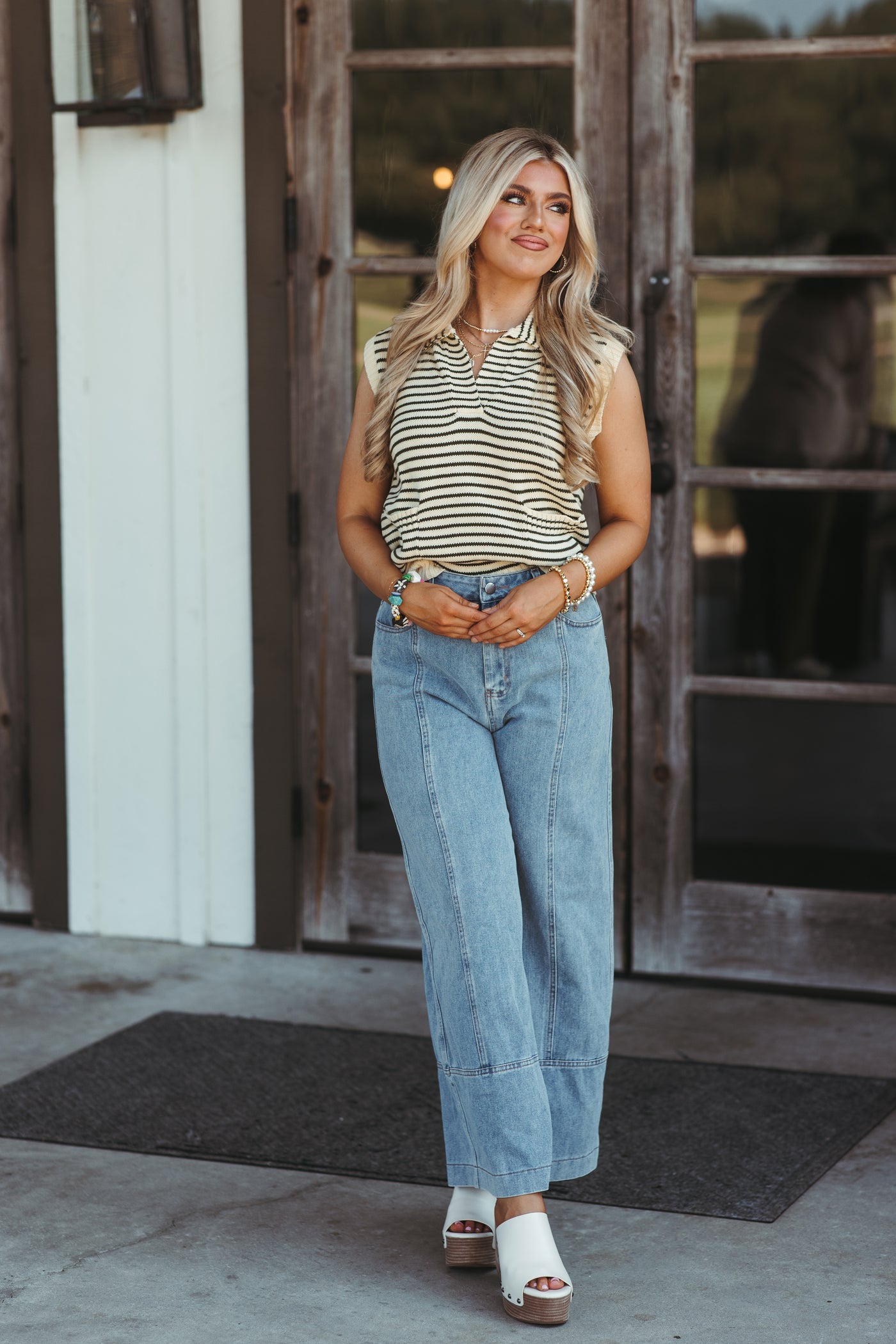 Olive Striped Sleeveless Knit Sweater Top