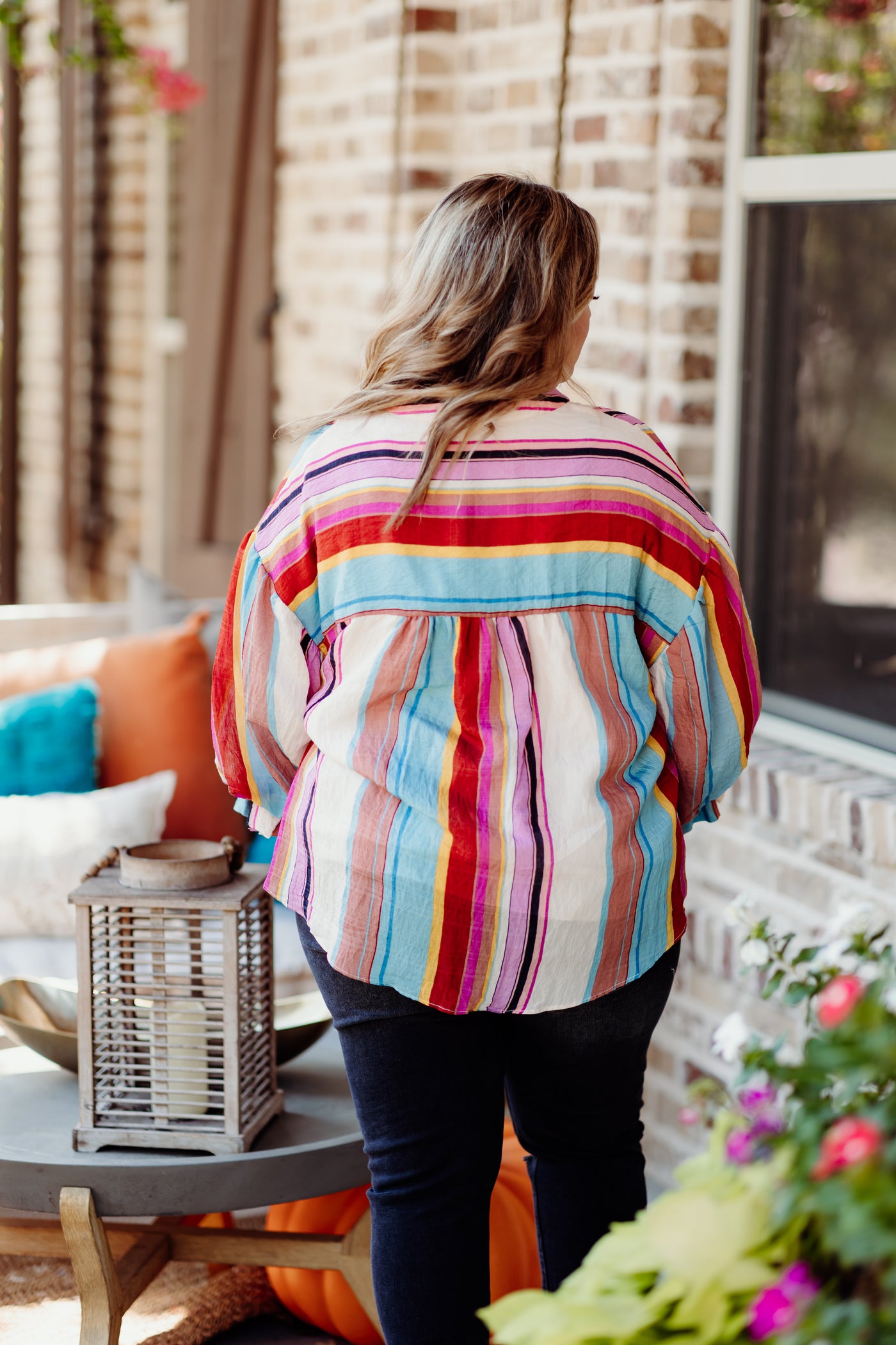 Blue and Red Multi Stripe Puff Sleeve Blouse