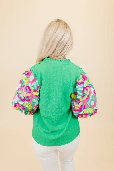 Kelly Green Embroidered Puff Sleeve Textured Top