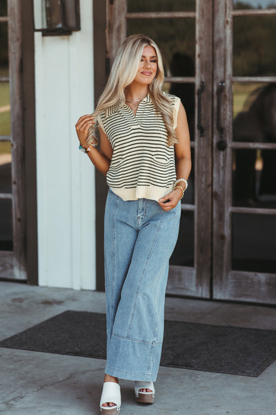 Olive Striped Sleeveless Knit Sweater Top