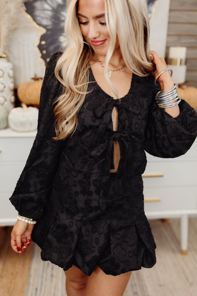 Black Printed Puff Sleeve Tie Front Top and Skirt Set