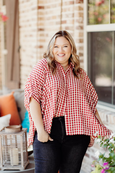 Red Checkered Oversized Button Down Top