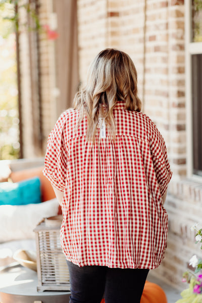 Red Checkered Oversized Button Down Top