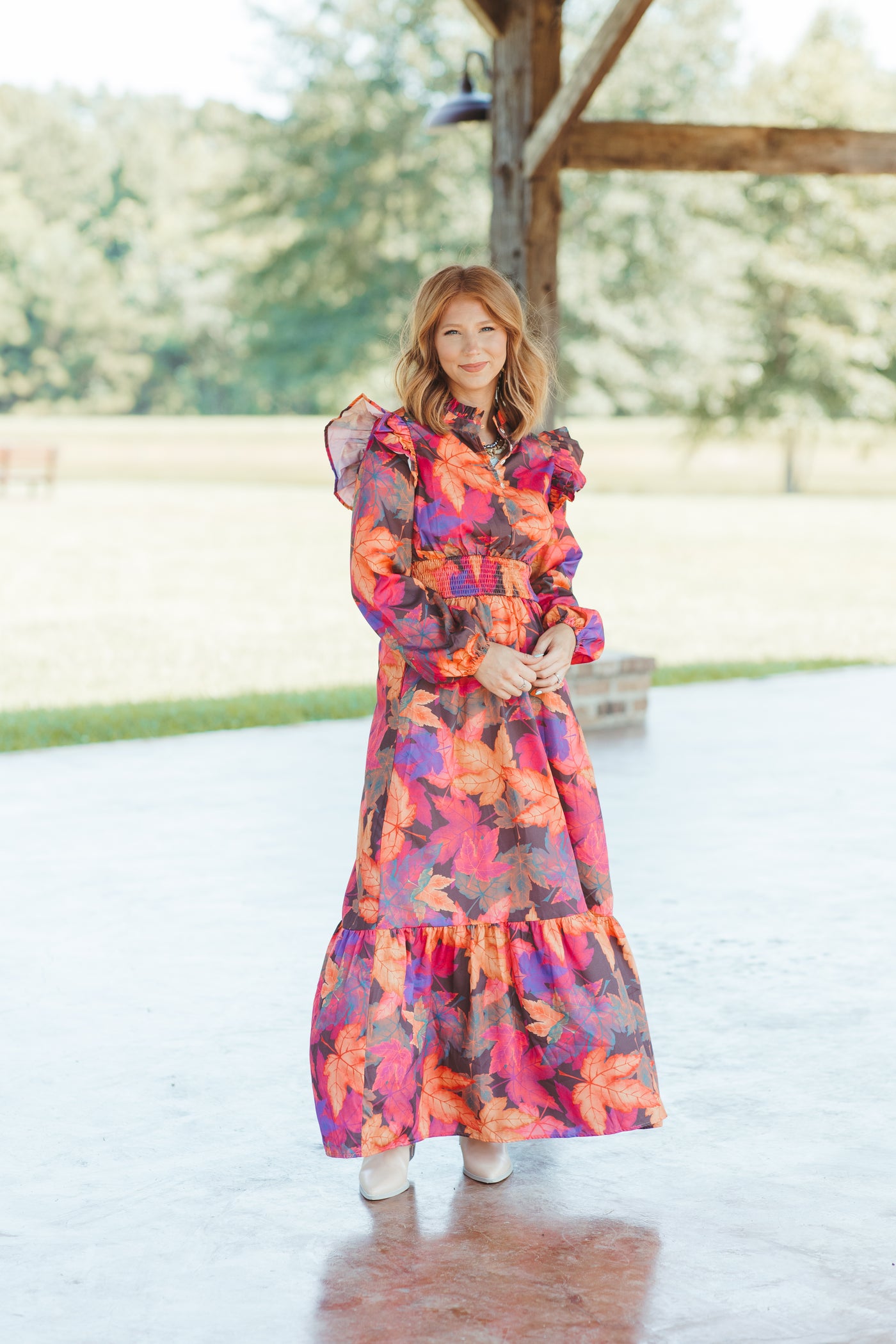 Fuchsia Fall Leaves Long Sleeve Maxi Dress