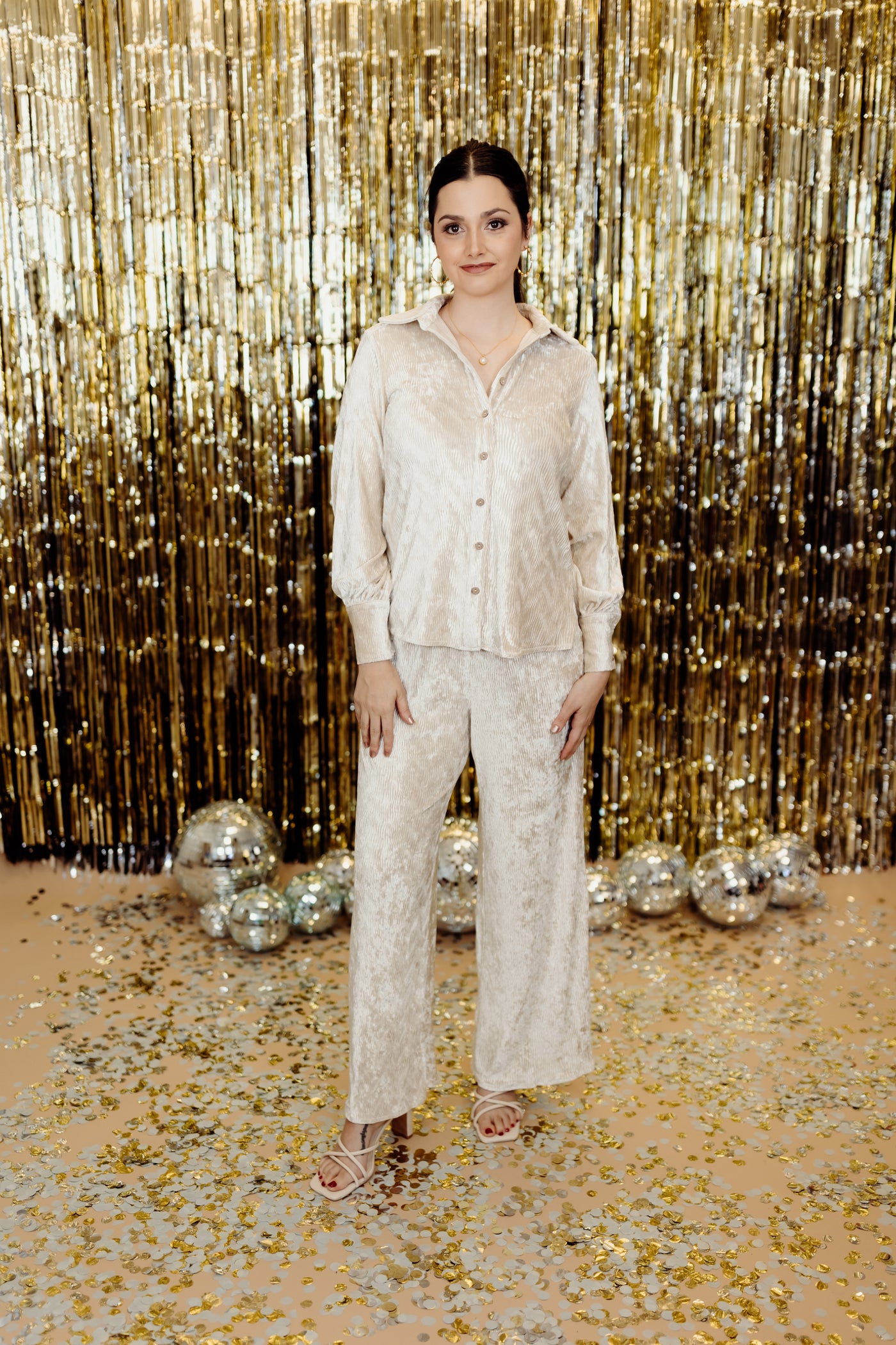 Champagne Velvet Button Down Top and Pant Set