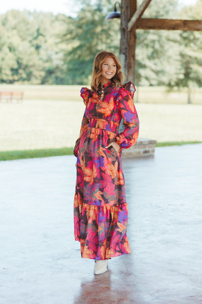 Fuchsia Fall Leaves Long Sleeve Maxi Dress