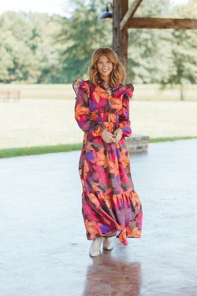 Fuchsia Fall Leaves Long Sleeve Maxi Dress