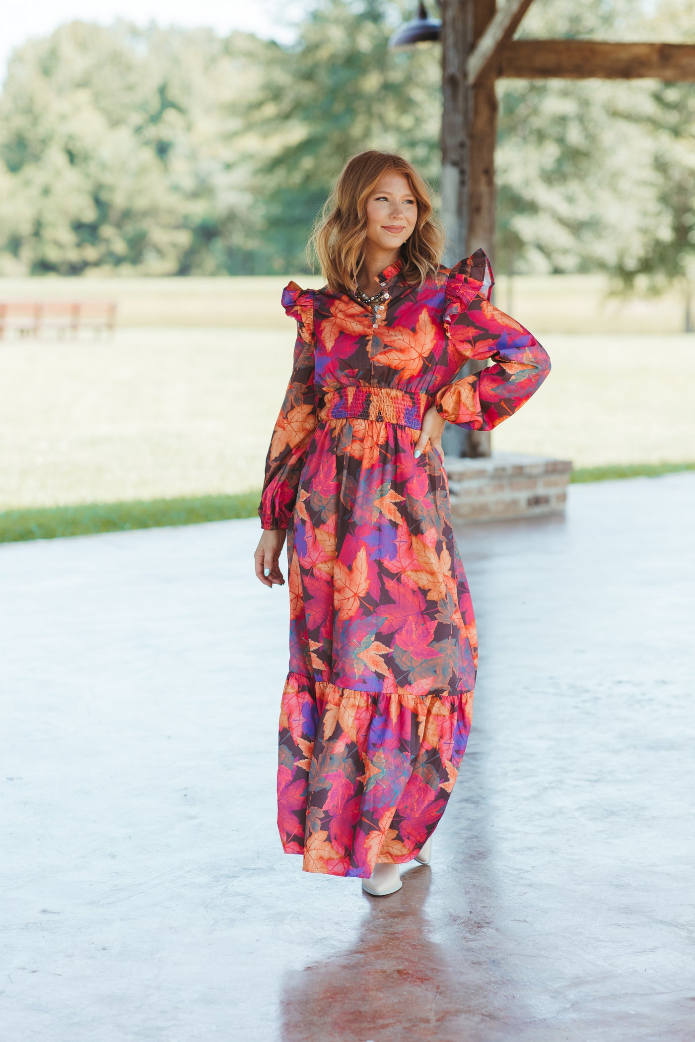 Fuchsia Fall Leaves Long Sleeve Maxi Dress