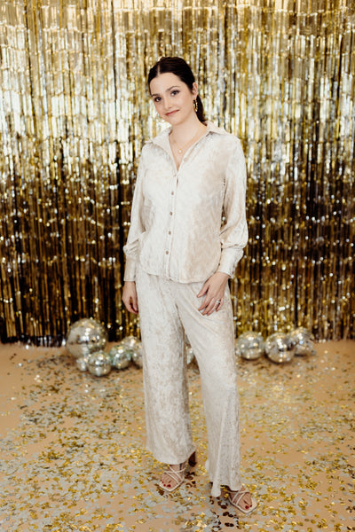 Champagne Velvet Button Down Top and Pant Set