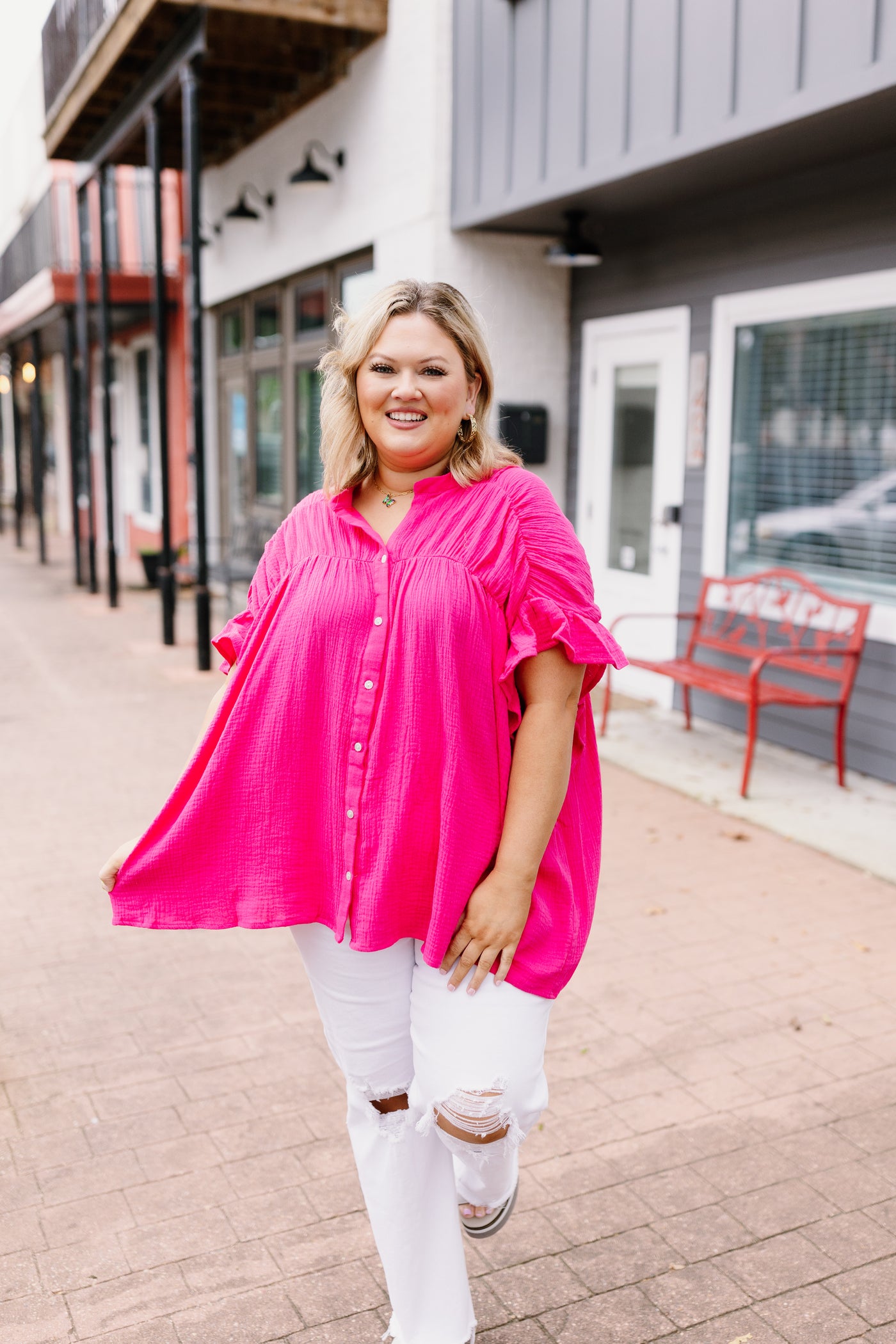 Fuchsia Loose Fit Crinkle Button Down Flutter Sleeve Top
