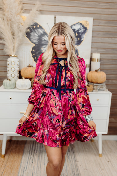 Radiant Berry Floral Front Tie Mini Dress