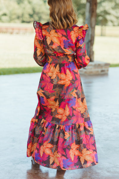 Fuchsia Fall Leaves Long Sleeve Maxi Dress