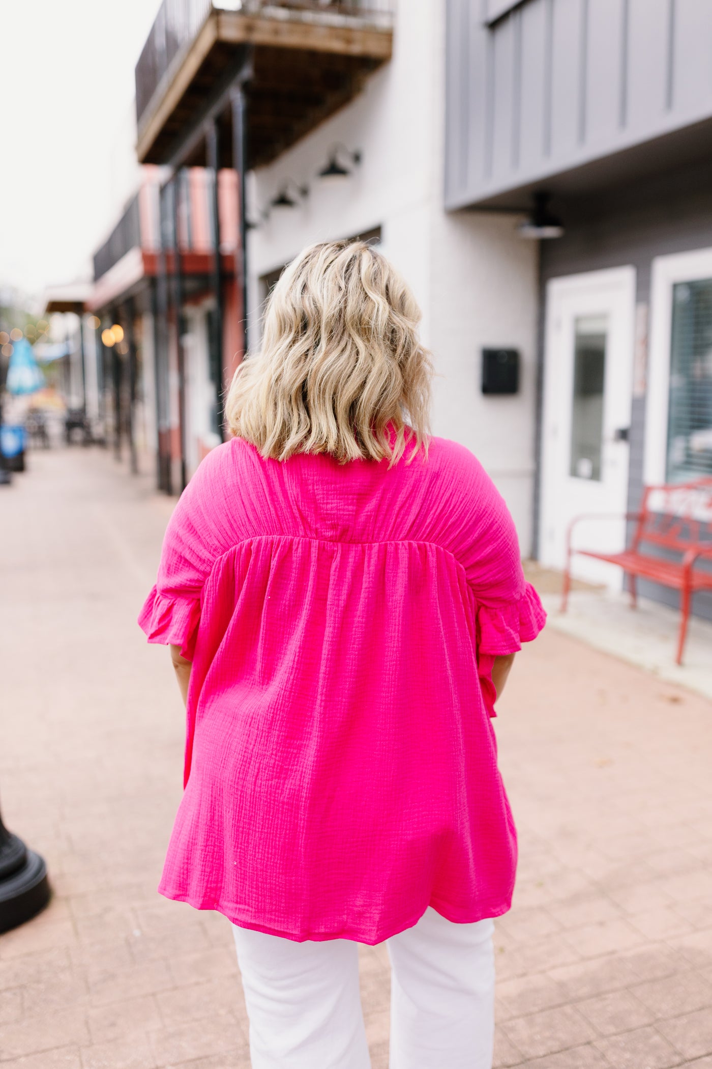 Fuchsia Loose Fit Crinkle Button Down Flutter Sleeve Top