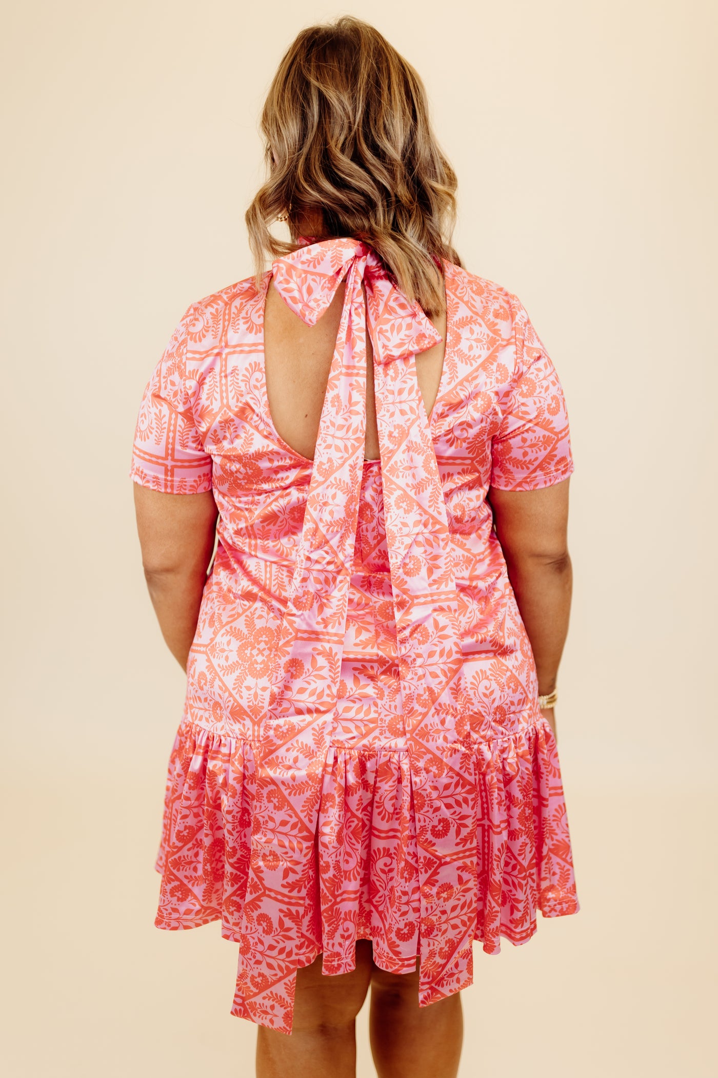 Karlie Pink Floral Mock Tie Back Ruffle Bottom Dress