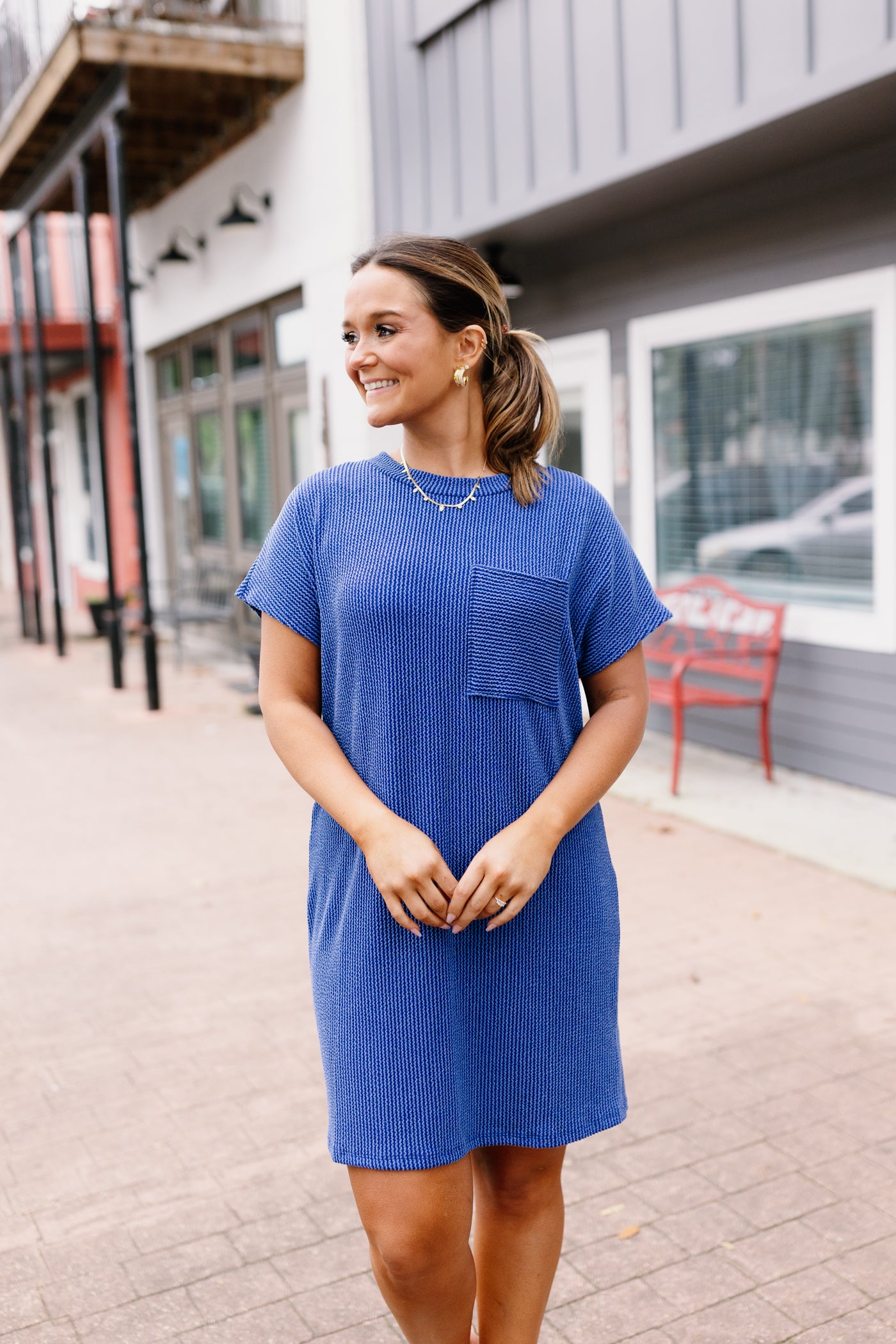 Indigo Ribbed Round Neck Pocket Dress