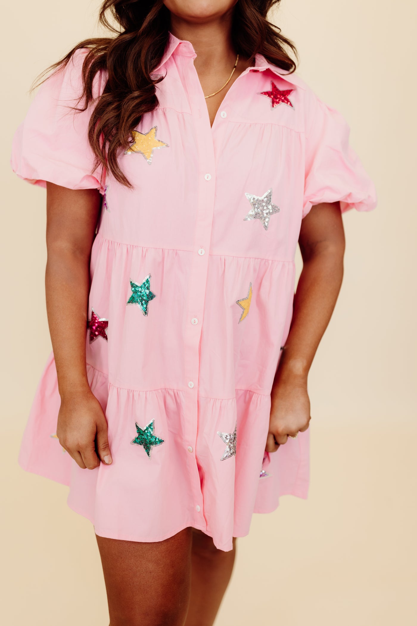 Baby Pink Star Sequin Patch Button Down Dress