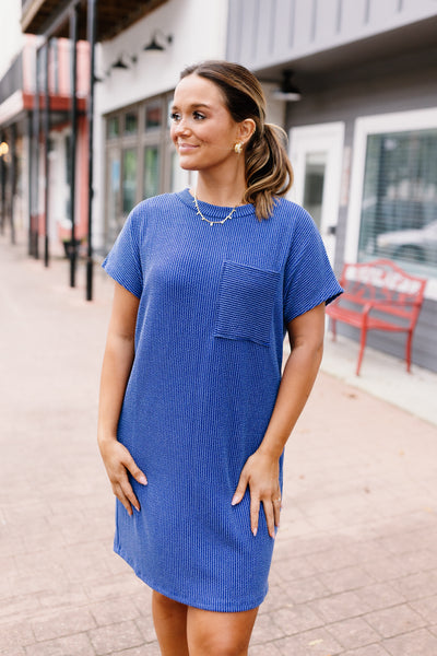 Indigo Ribbed Round Neck Pocket Dress