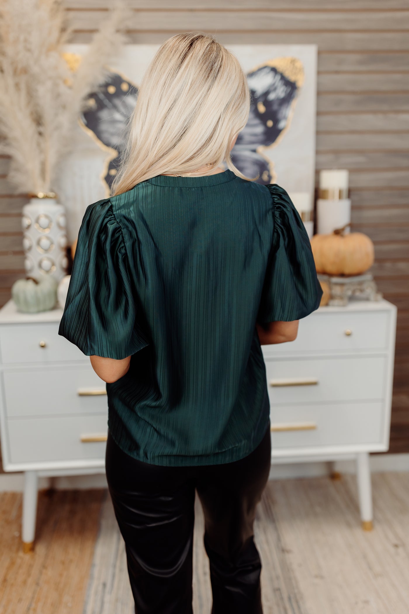 Hunter Green Iridescent Puff Sleeve Textured Blouse