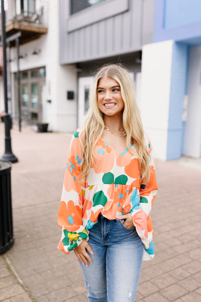 Bright Floral Woven Long Sleeve Tiered Blouse