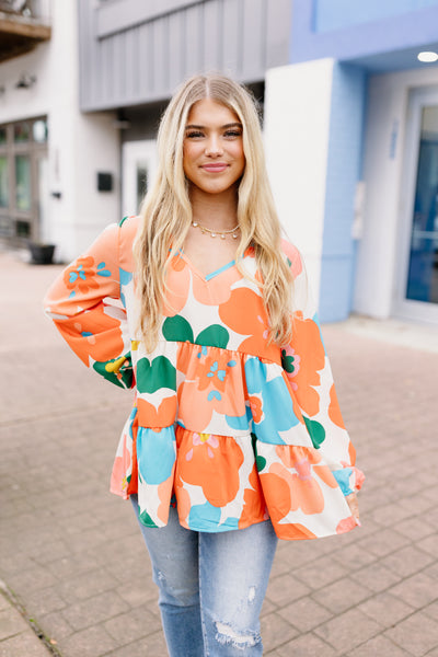 Bright Floral Woven Long Sleeve Tiered Blouse