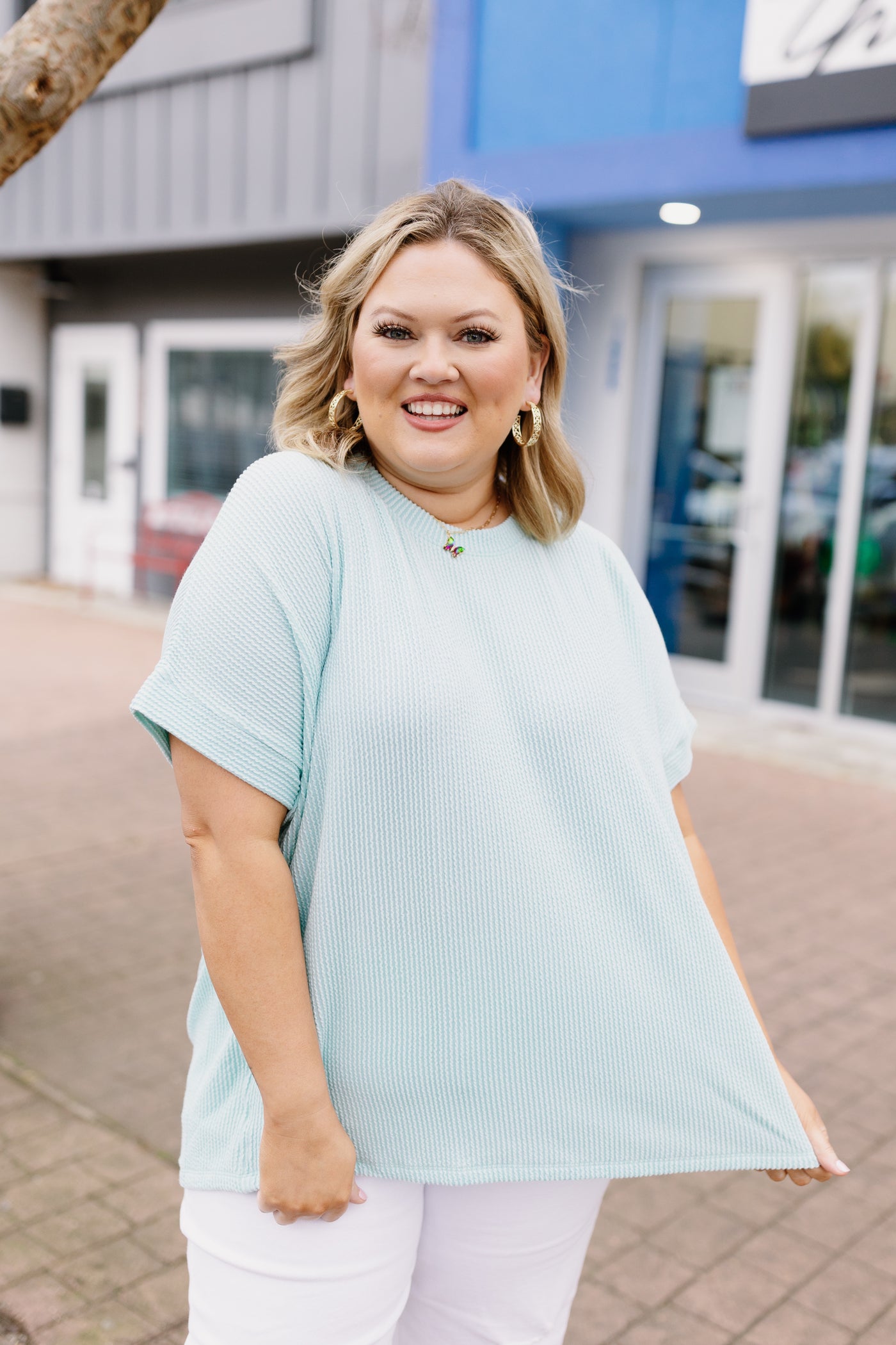 Aqua Ribbed Short Sleeve Top