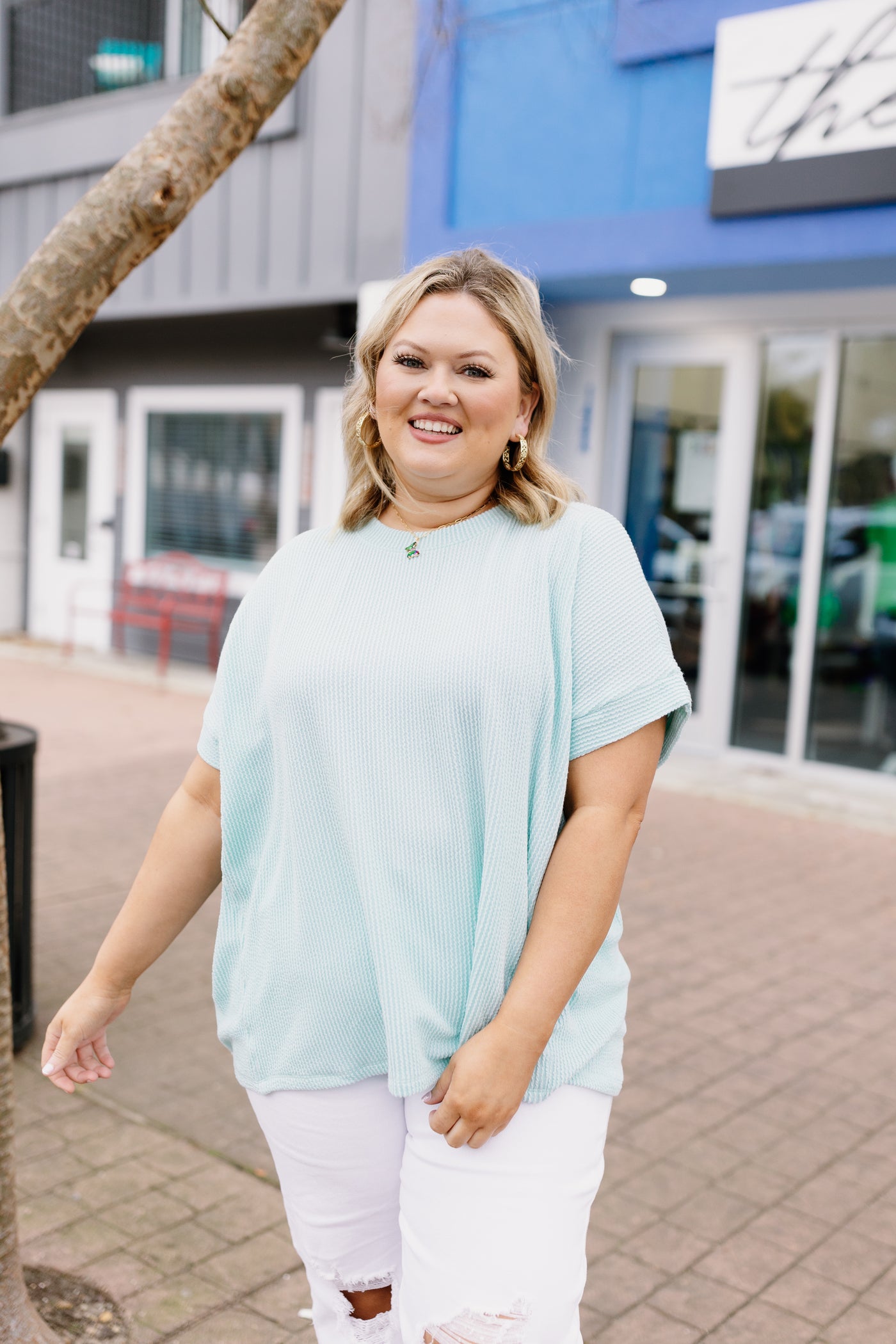 Aqua Ribbed Short Sleeve Top