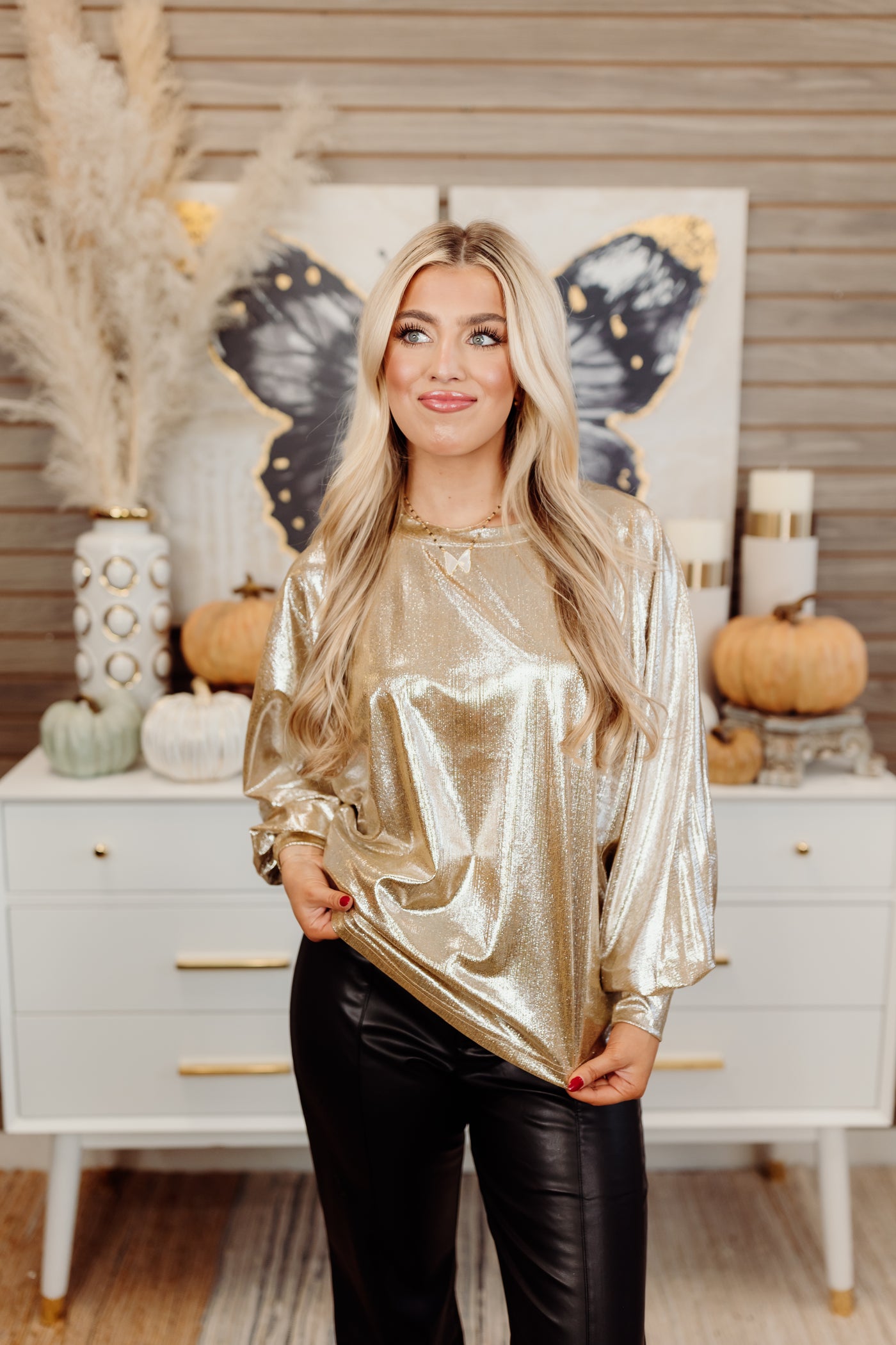 Taupe Metallic Bell Sleeve Flowy Blouse